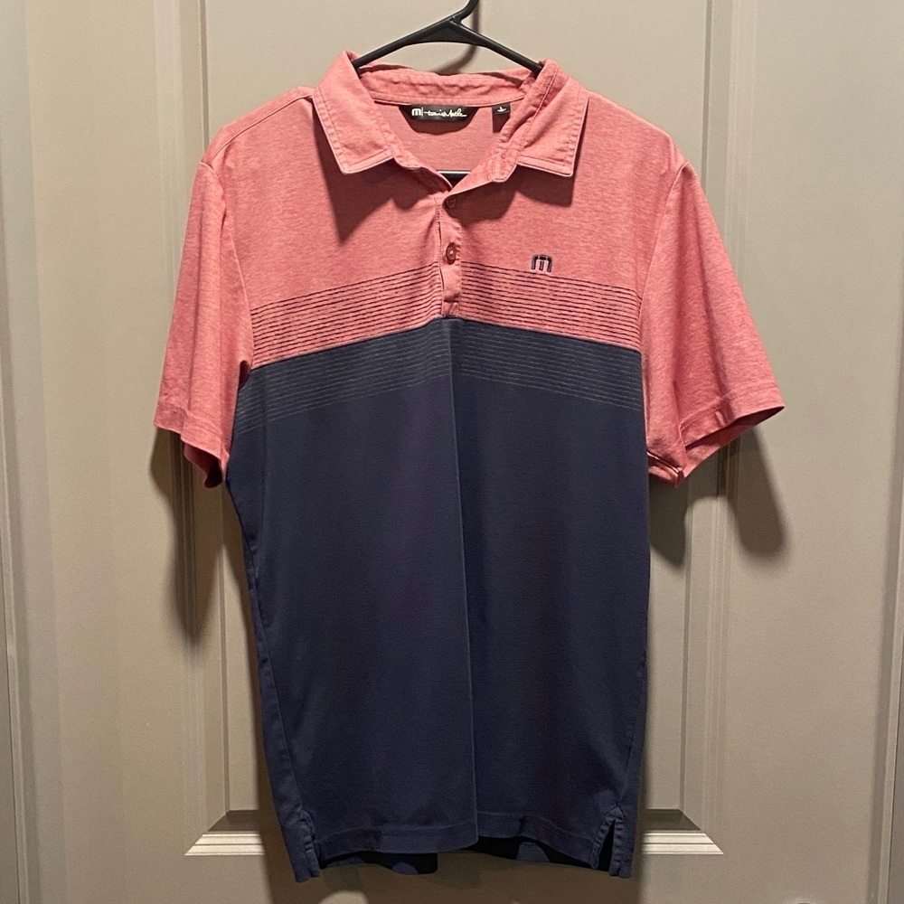 TravisMathew Roan Rouge Polo Shirt Mens L Pink Navy Golf Polo Pima Golf Casual
